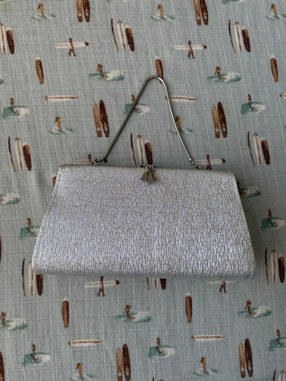 Vintage Silver Metallic Evening Clutch with Top Handle with silver clasp